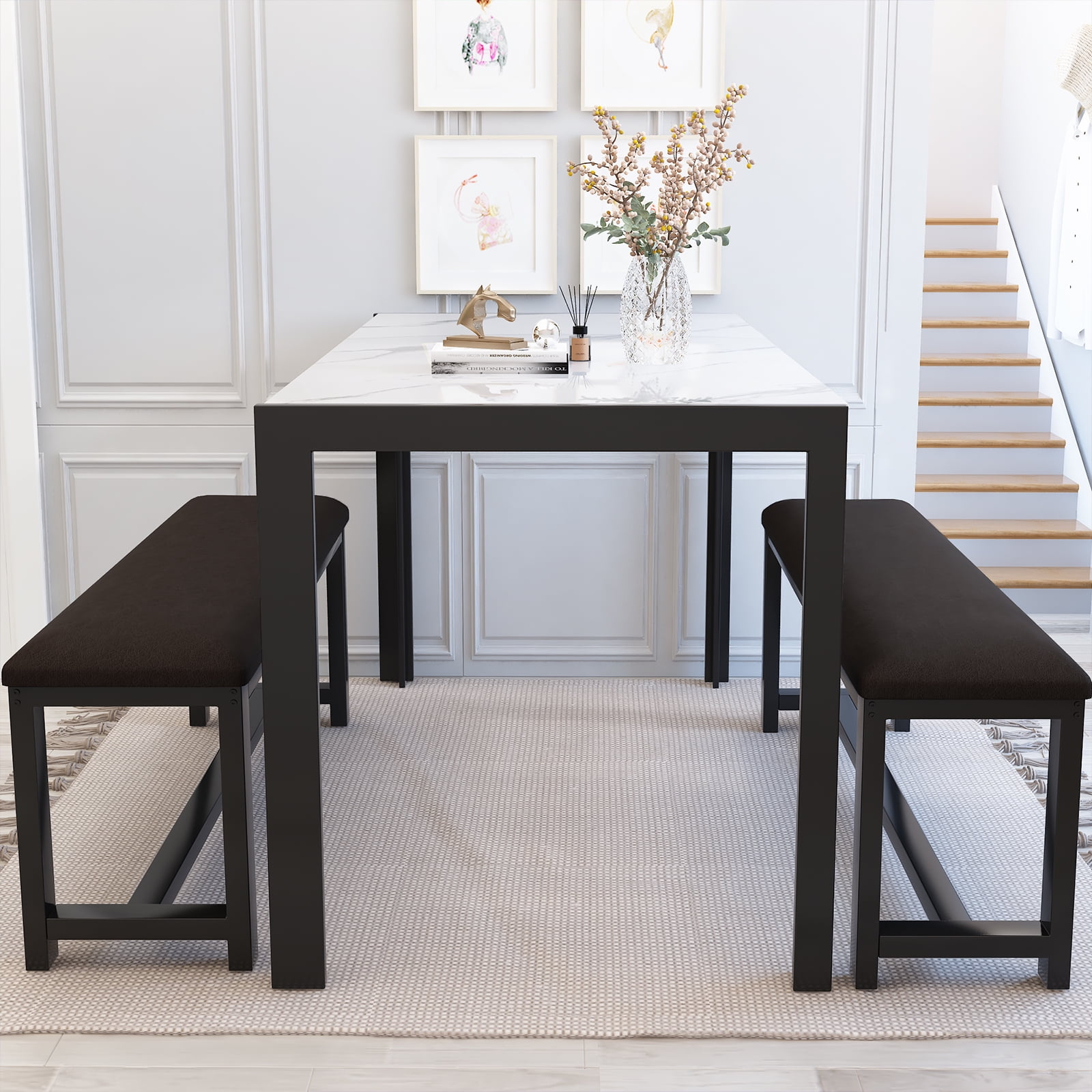 LTTROMAT Dining Table Set for 4, Faux Marble Kitchen Table Set with 2 PU Leather Benches, Breakfast Nook Set for Small Spaces, 3 Piece Farmhouse Dining Room Table Set, White