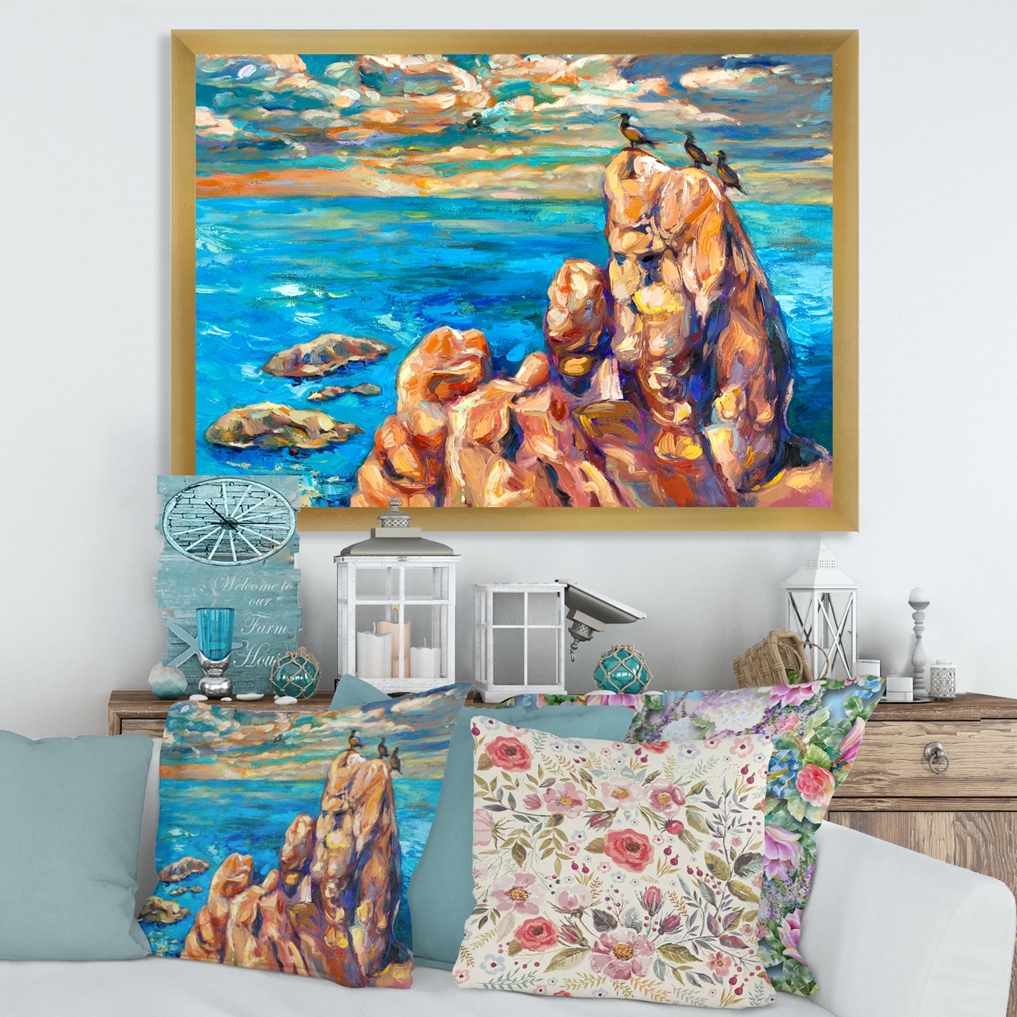 Designart 'The Blue Ocean By Rocky Cliffs I' Nautical & Coastal Framed Art Print