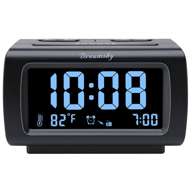 DreamSky Radio despertador para dormitorios con batería de respaldo, números grandes con atenuador de brillo, puerto USB, radio FM digital junto a la cama con temporizador de apagado, temperatura, vol