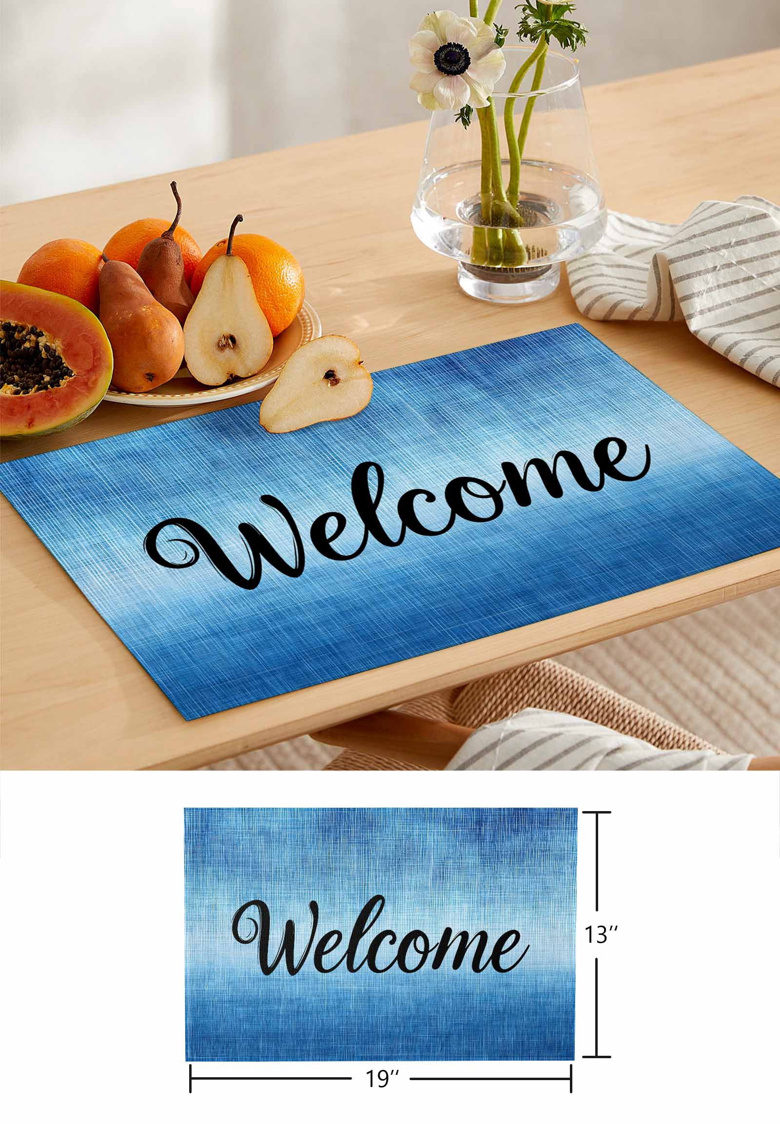 Welcome Quote Dark Blue Gradient Placemats Set of 4,Wipeable Washable Table Mats for Dining Tables,Summer Watercolor Style Place Mats for Kitchen Event Party Tabletop Decor