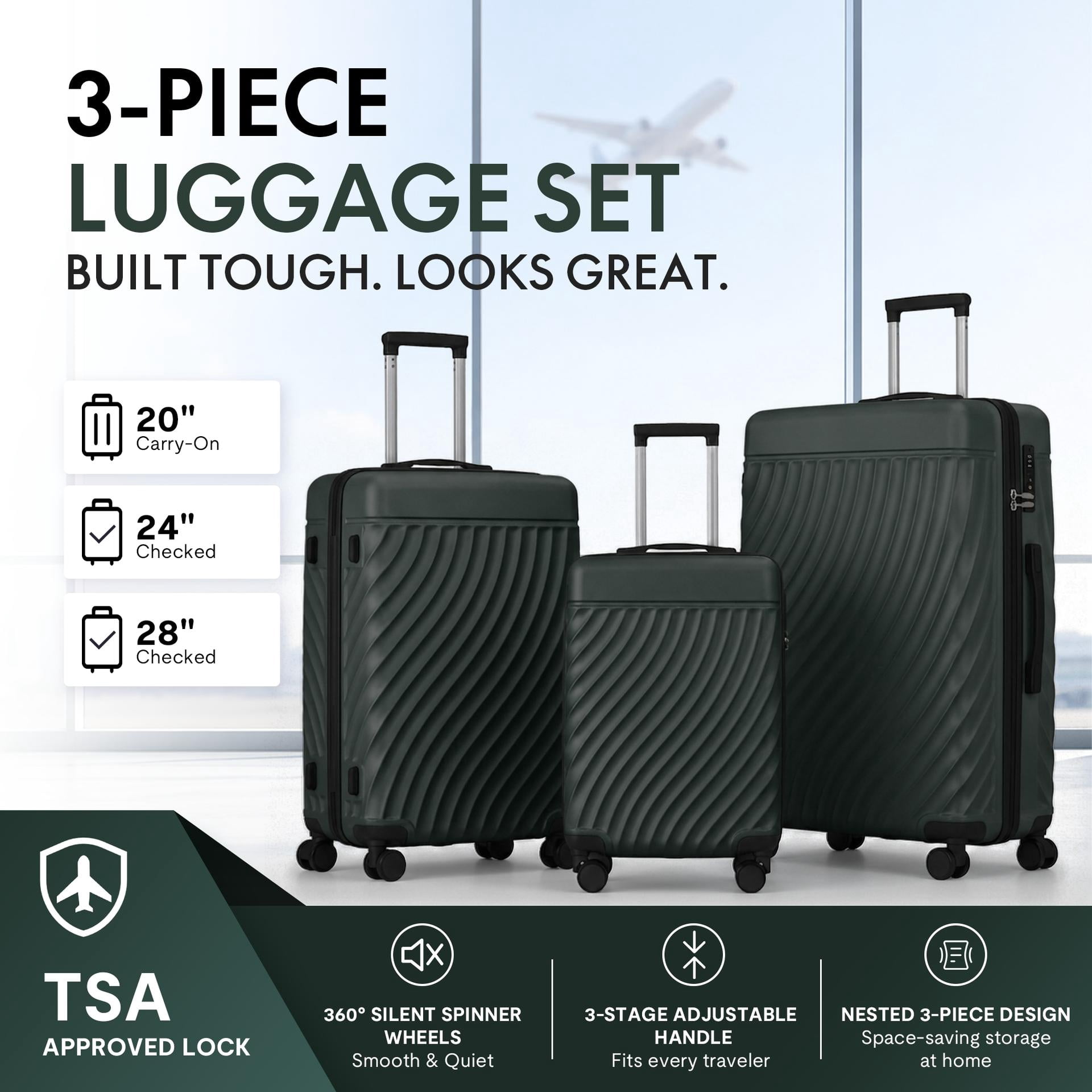3-Piece ABS Hardshell Luggage Set, Lightweight Durable Suitcases with 4 Silent Spinner Wheels & TSA Lock, Wave-Embossed Scratch-Resistant Shell, 20/24/28 Inch, Dark Green