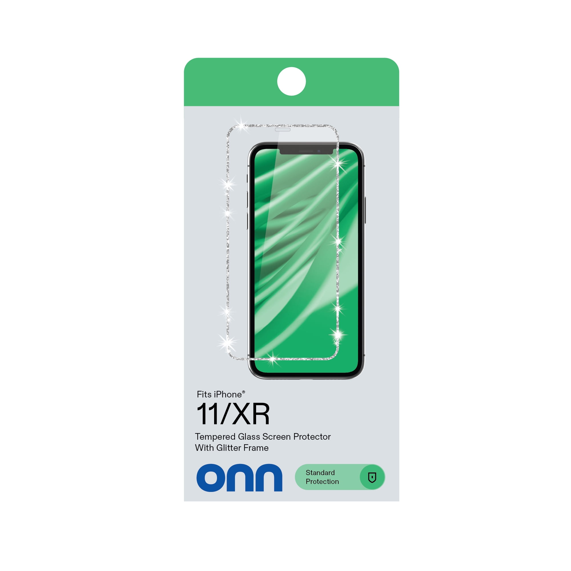 onn Glitter Frame Glass Screen Protector with Easy Application Tray for iPhone 11 / iPhone XR