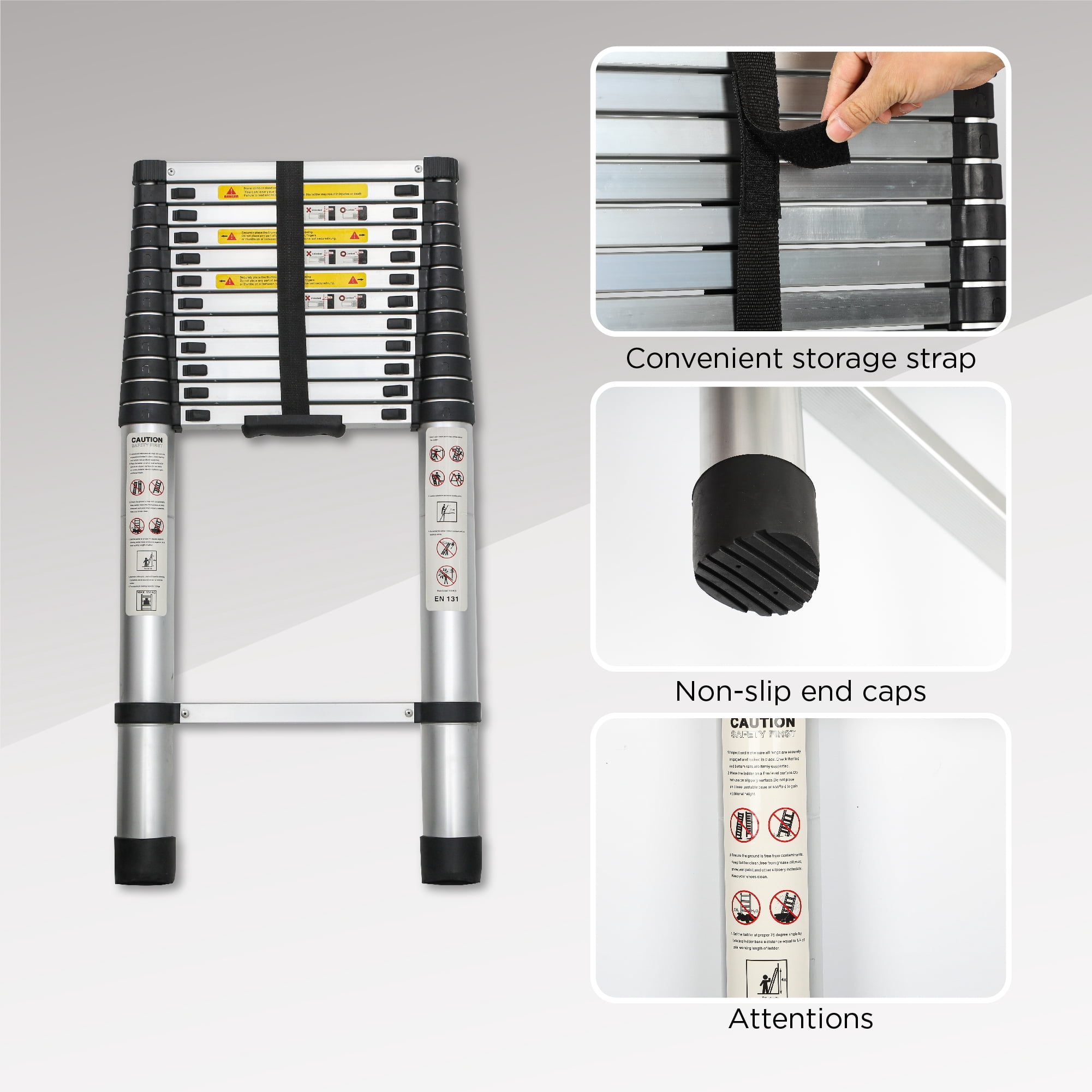 Heavy-Duty 12.5-Foot Telescoping Ladder with Aluminum Alloy Construction, Folding Extension Ladder for Indoor and Outdoor Use, 300 lb Capacity, Black