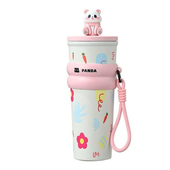 Durable Car Cup With Lifting Rope for Student 700ML 316 Stainless Steel Cartoon Panda Thermos Cup Direct Drinking Cup Thermal Water Bottle Children Vacuum Cup PINK
