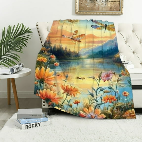 Autua Flowers Dragonflies Blanket, Soft Flannel Throw Blanket for All Seasons, Ideal for Toddlers, Children, and Adults 40x50in