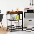 thumbnail image 4 of 3-Tier Rustic Brown Bar Cart with Removable Tray - Wine Rack & Storage Shelves - Mobile Utility Trolley on Wheels for Home, Kitchen, Dining Room, Parties, Coffee & Drinks - Vintage Dining Car, 4 of 8