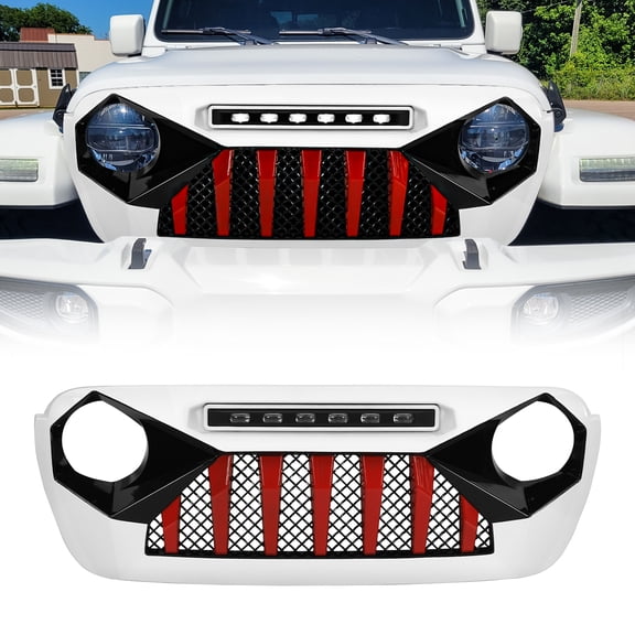 AMERICAN MODIFIED White & Red Front Demon Grille w/Off-Road Lights for 2018 Jeep Wrangler JL & Gladiator JT