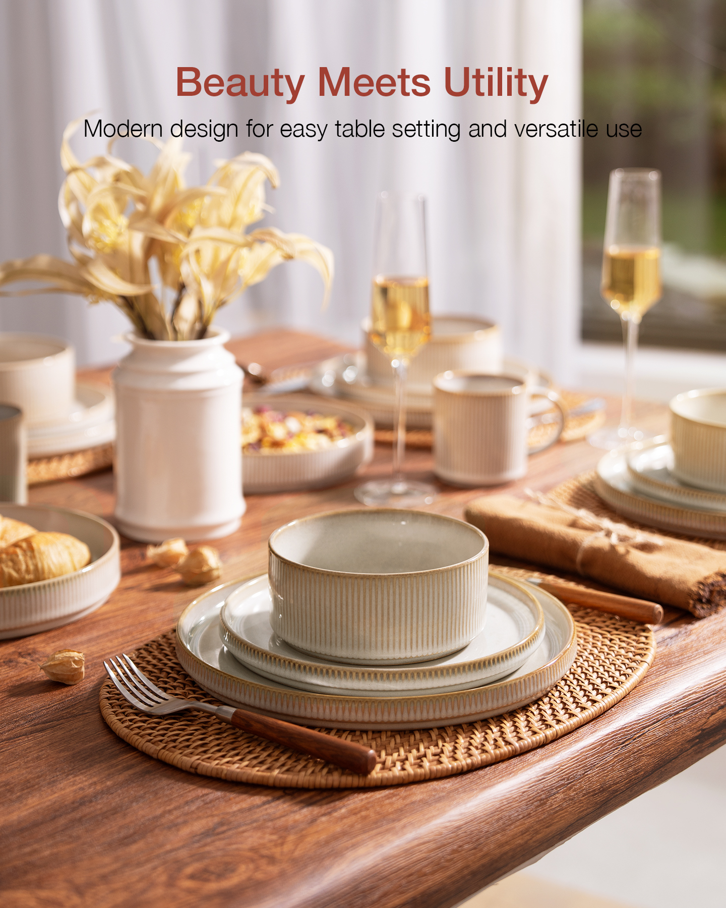 Famiware Stoneware 12-Piece Dinnerware Set, Cappuccino White photo 6