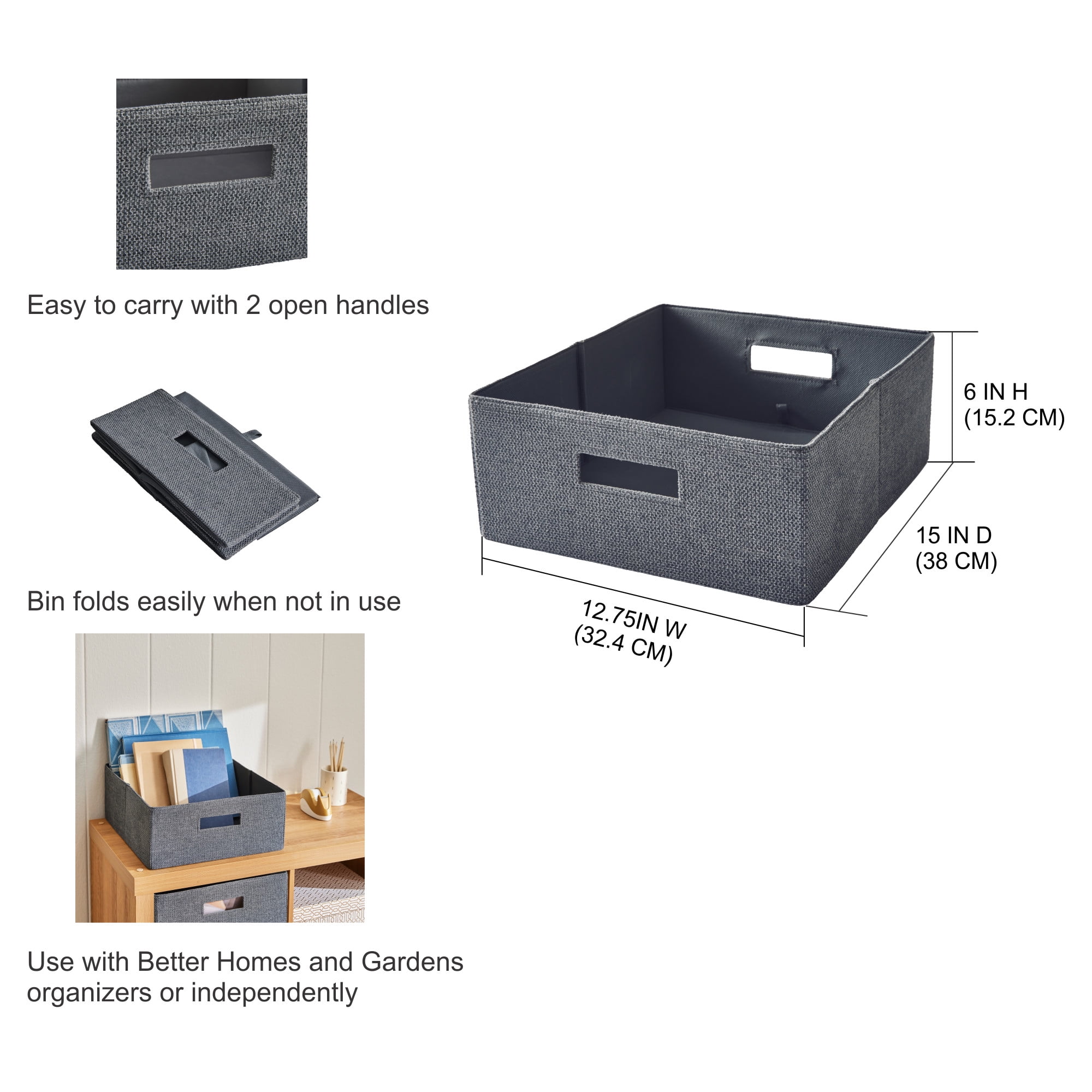 Better Homes & Gardens Half-Size Fabric Storage Bin, Gray Textured