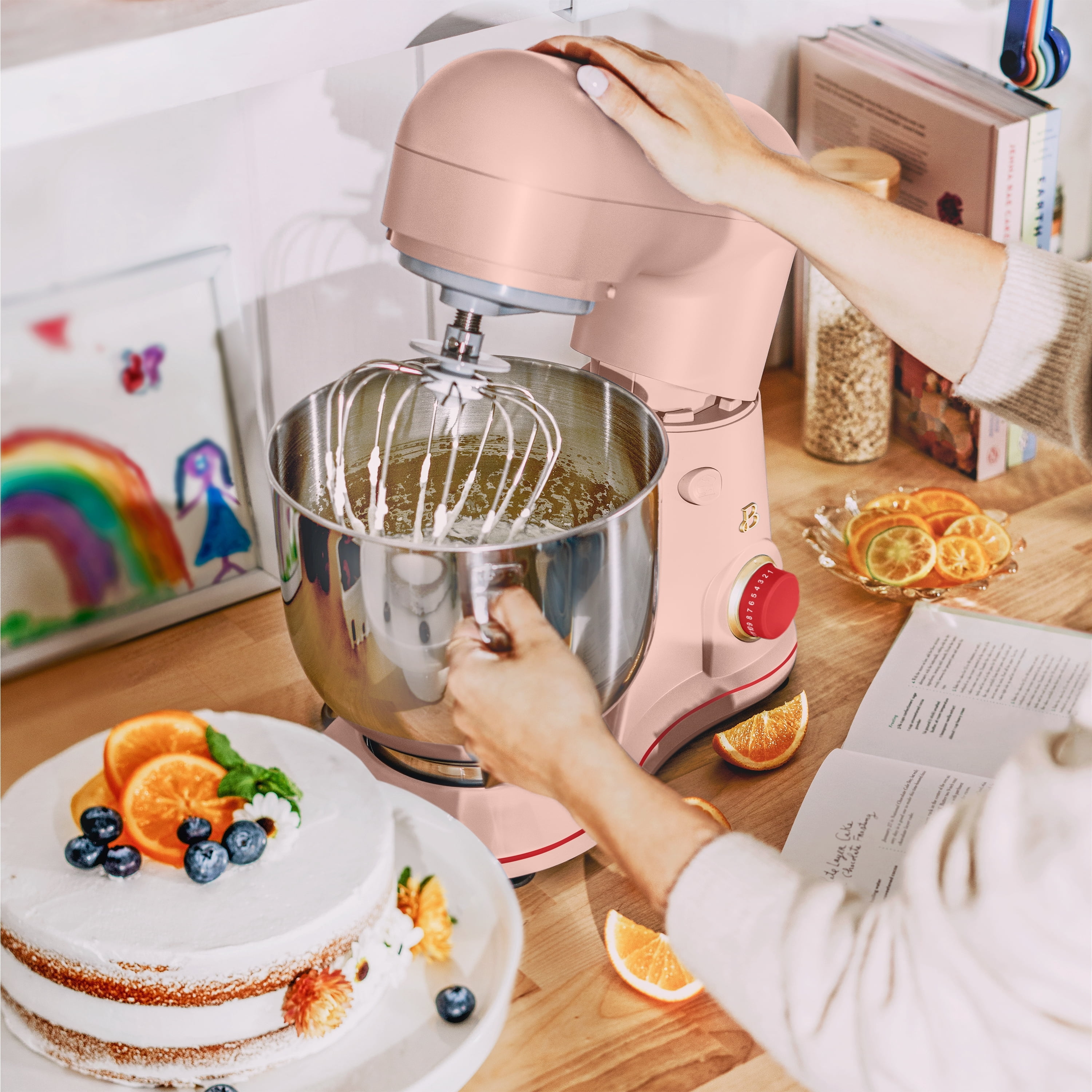 Beautiful 5.3 Qt Tilt-Head Stand Mixer with Flat Beater, Dough Hook & Balloon Whisk, Rose and Tomato Red by Drew Barrymore