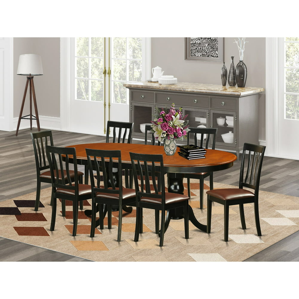 East West Furniture Dining Table with Leaf and 8 Dining Room Chairs in