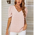 thumbnail image 2 of Top de jacquard con mangas abullonadas y escote en V, camiseta informal de corte holgado - Rosa XL Summer Chic, 2 of 8