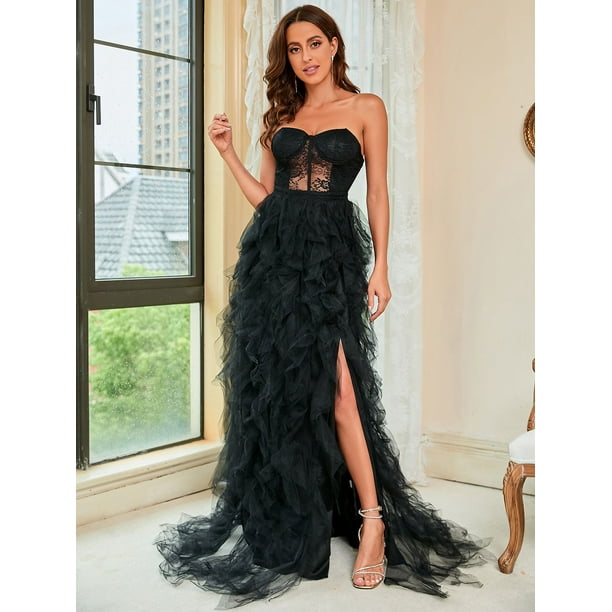 Vestido de noche sexy con top de tubo de malla de encaje de talla grande para primavera y verano