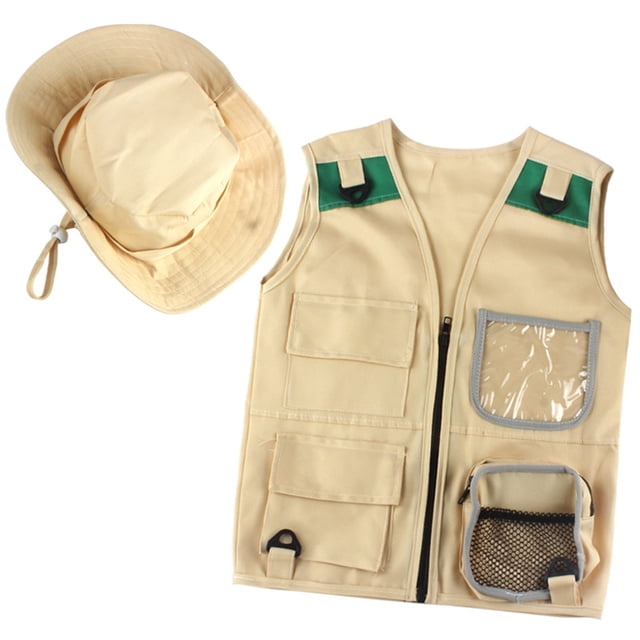 Chaleco para niños, disfraz de carga, color sólido, estampado, chaleco, sombrero, conjunto de disfraces para niños, disfraz de paleontólogo, ropa de exterior (caqui, talla única)