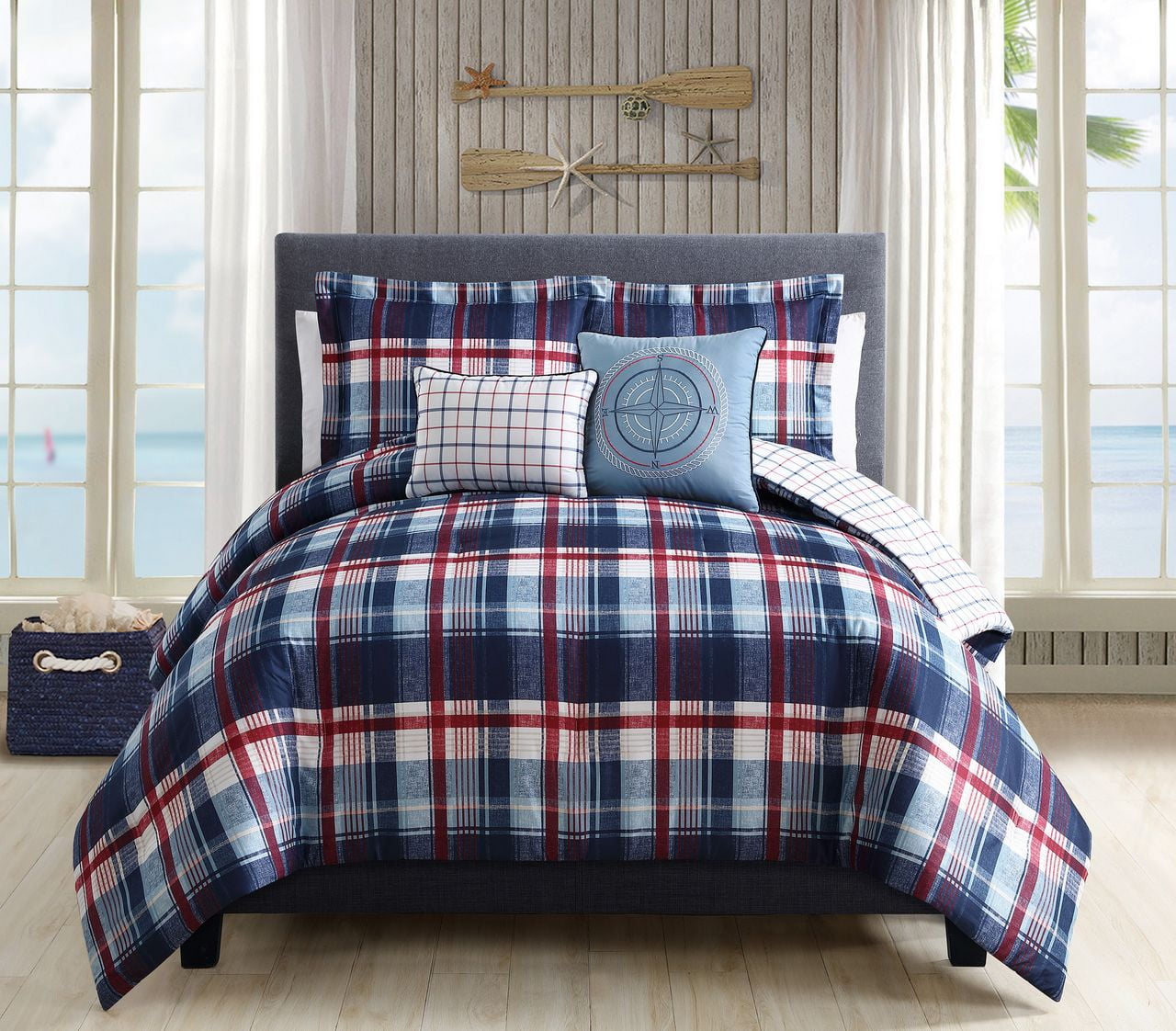 5 Piece Breezy Plaid Navy Red Reversible Comforter Set Queen