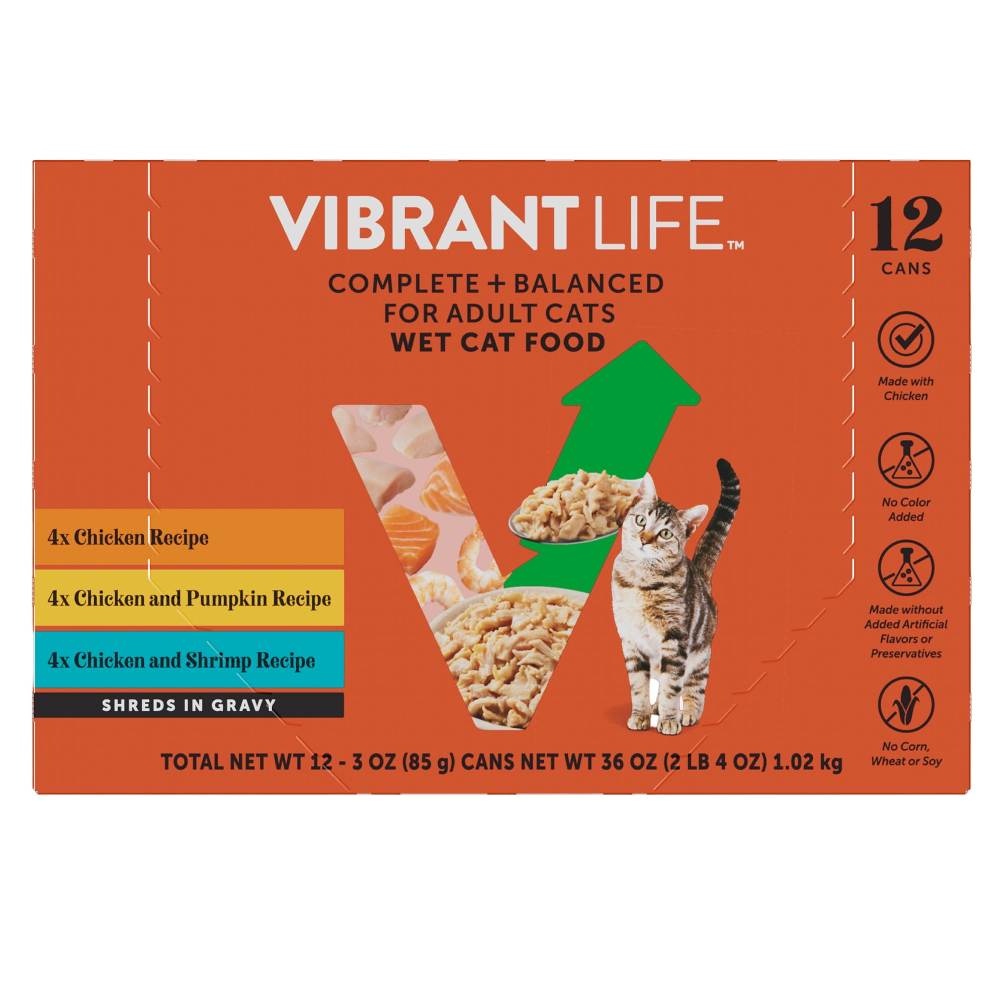 Vibrant Life Variety Pack Chicken & Shrimp & Pumpkin Shreds Wet Cat Food, 3 oz Cans, 12 Count