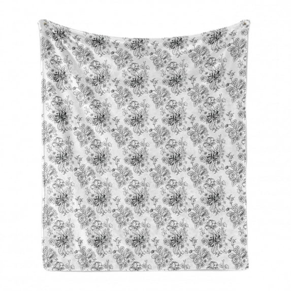Botanical Soft Flannel Fleece Throw Blanket, Meadow Blossoms Peony Petals Rural Flourish Bouquets Leaf Field, Cozy Plush for Indoor and Outdoor Use, 60" x 80", Charcoal Grey and White, by Ambesonne