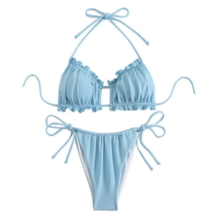 JIANJIA Womens Swimsuits Solid Color Sexy Lace Up Halter Backless Brassiere With Thongs Swimsuit Two Piece Bikinis Swimwears Beachwear  Blue L