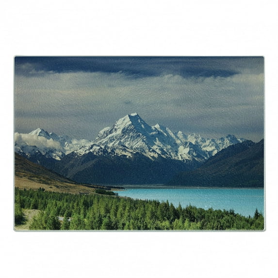 Landscape Cutting Board, Mount Cook and Pukaki Lake in New Zeland Landmark Scenic Scenery Forest, Decorative Tempered Glass Cutting and Serving Board, Small Size, Blue White Green, by Ambesonne