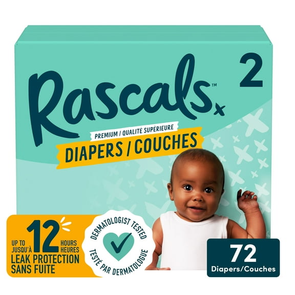 Rascals Premium Absorbent Baby Diapers, Size 2, Small Carton, 72 Count