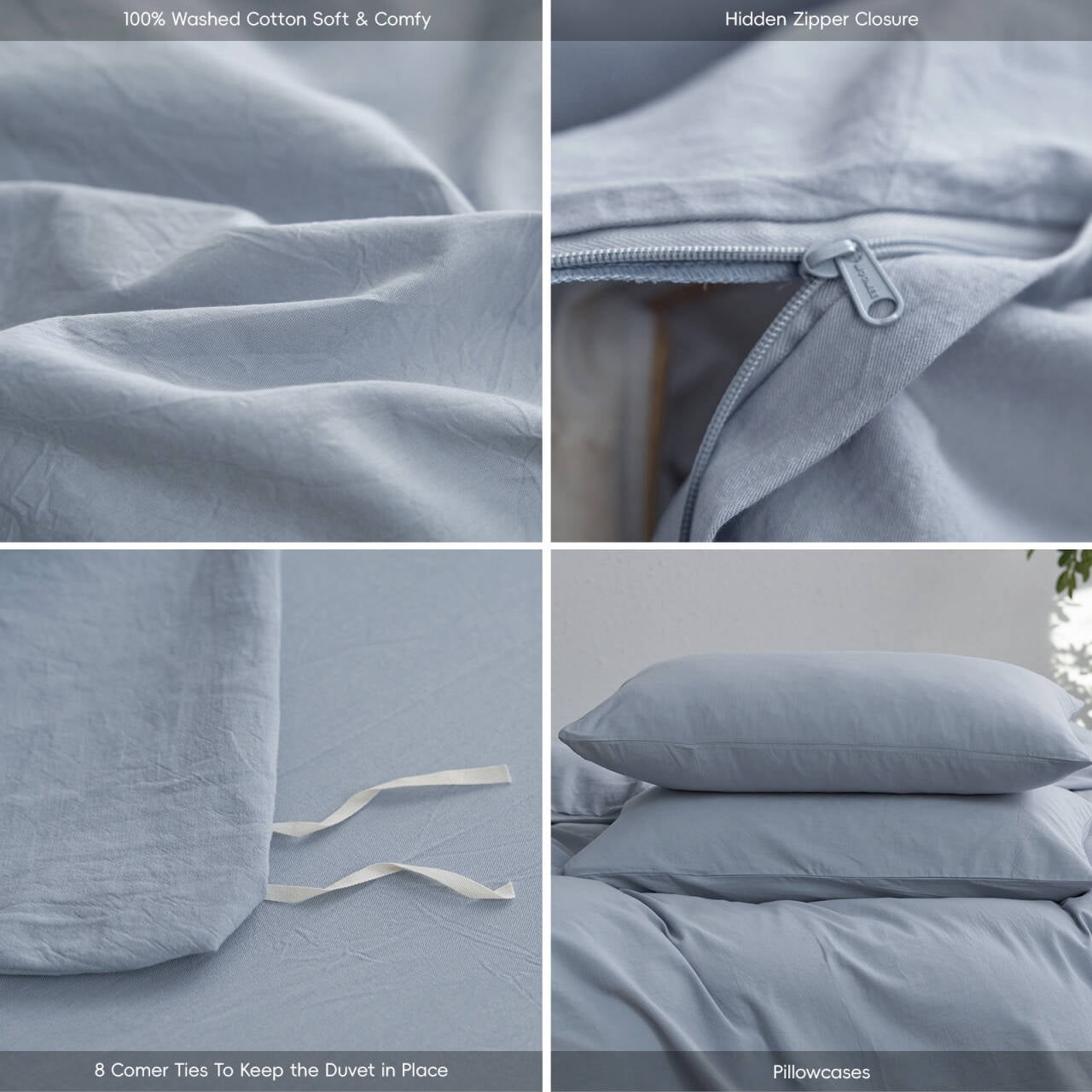 MooMee Duvet Cover Set Queen 100% Washed Cotton Twill Ultra-Soft Breathable Linen Like 3-Piece (Cornflower Blue, 90"x90")