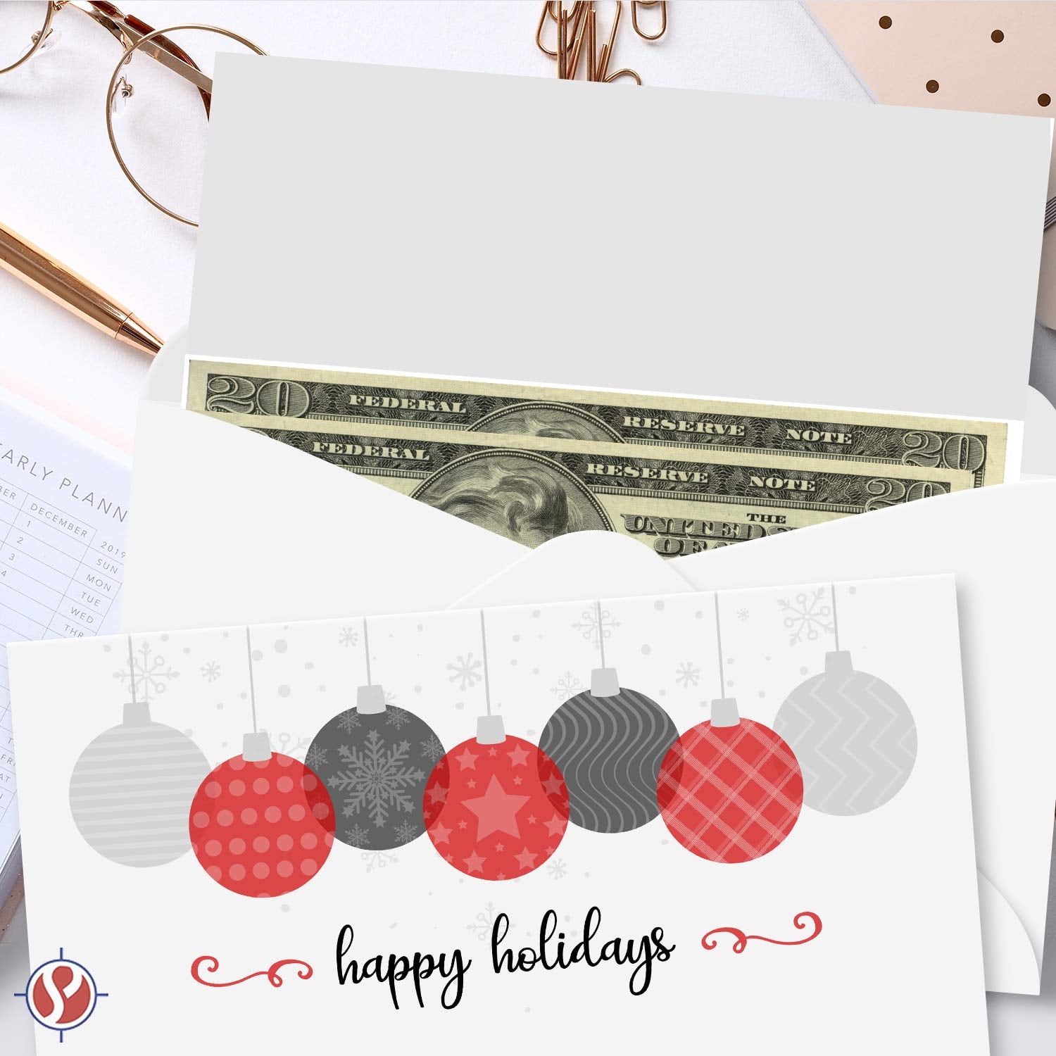 Happy Holidays Envelopes w/ Blank Cards for Notes – Money, Check and Currency Holder, Nice Winter Christmas New Year Greeting for Cash, Coins, Presents & Gift Cards | 3-5/8" x 6-1/2" | 25 per Pack