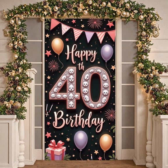 Studded 40th Birthday Banner Gold Pink Balloons Happy Birthday Display Firework Design Star Pattern Decor Backdrop for 40th Birthday Party Adult Celebration Photo Shoot Backdrop