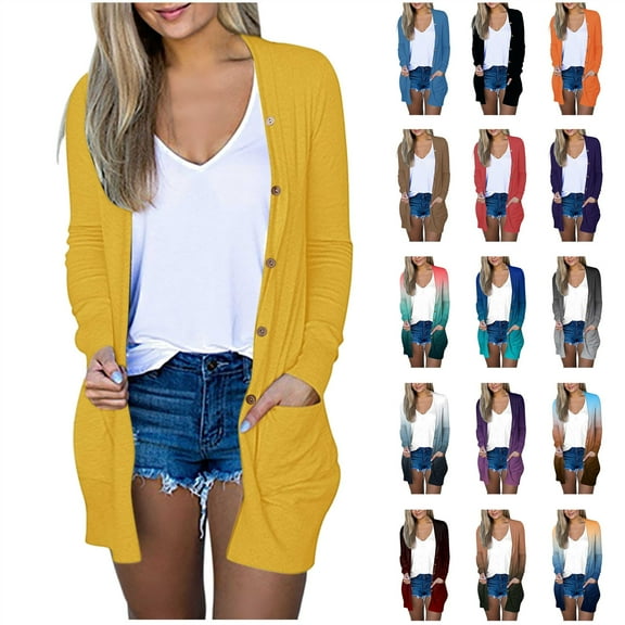 BiZtdJrK Fall Cardigans for Women Open Front Button Down Cardigan Tops Solid Color Long Sleeve Shrug Sweater with Pockets Green XXL Mother's Day Gifts