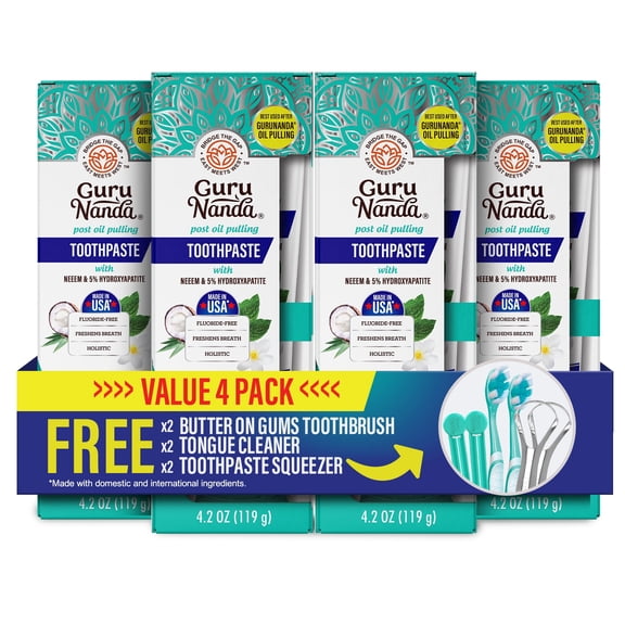 GuruNanda Fluoride-Free Whitening Toothpaste With 5% Hydroxyapatite and Neem - 4 Pack