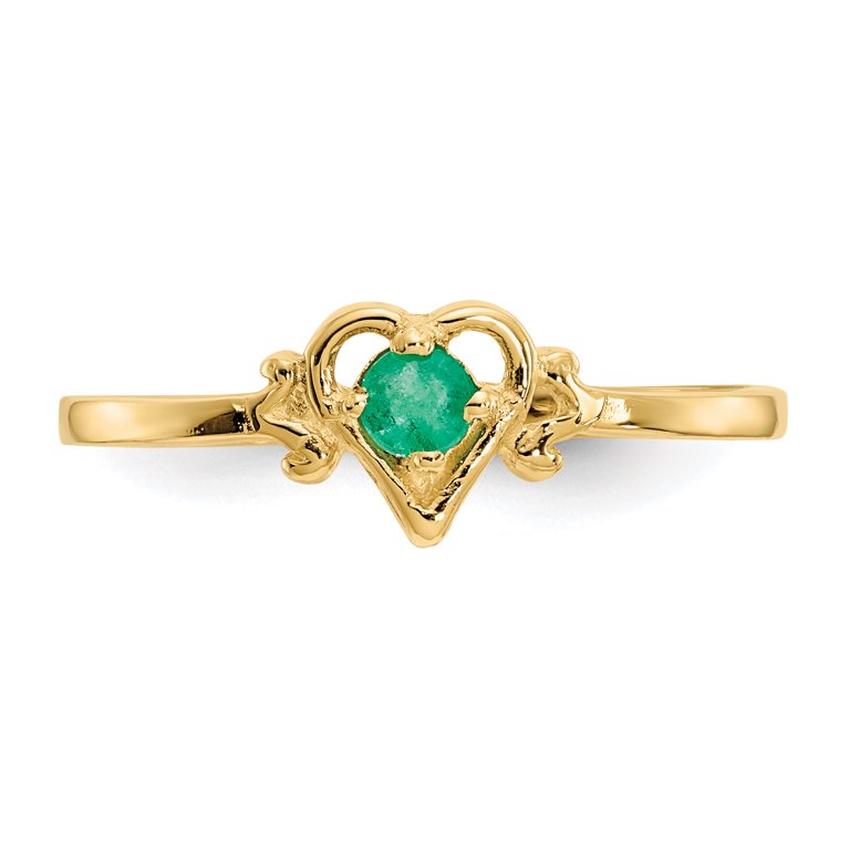 14k Yellow Gold Green Emerald Birthstone Heart Band Ring Size 7.00