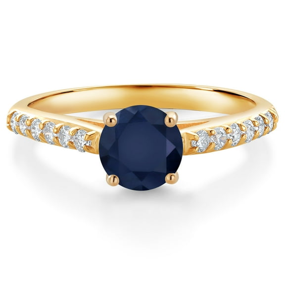 Gem Stone King 10K Yellow Gold Blue Sapphire and White Lab Grown Diamond Engagement Ring for Women (1.28 Cttw, Gemstone September Birthstone, Round 6MM, Size 9)