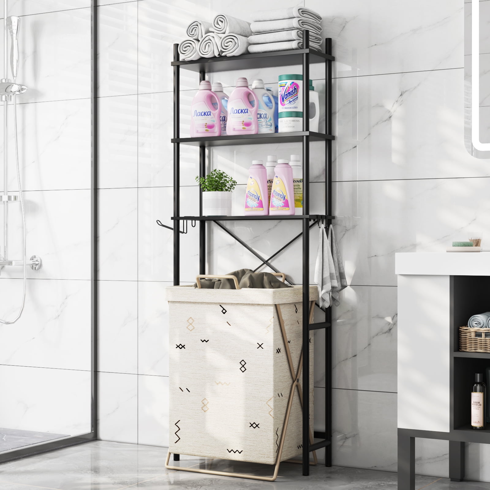 Capri 3-Shelf Over the Toilet Storage, Freestanding Wooden Bathroom Organizers and Storage Shelf, Metal Frame, Space Saver, Black