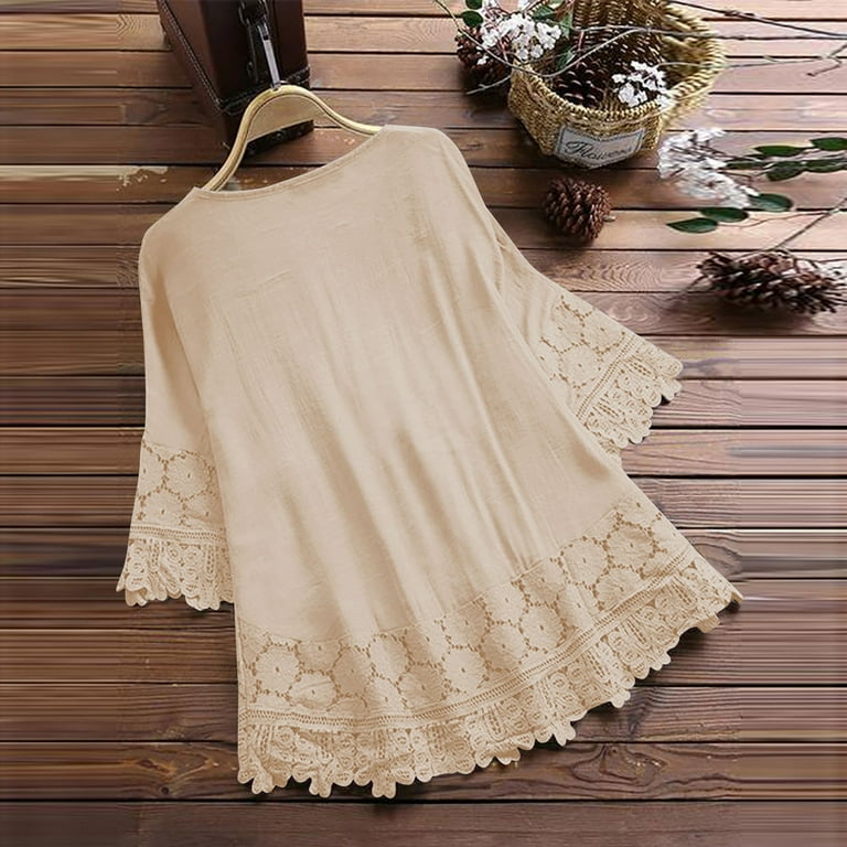 Busydd Womens Tops Fashion Lace Cotton Linen Shirts Casual 3/4