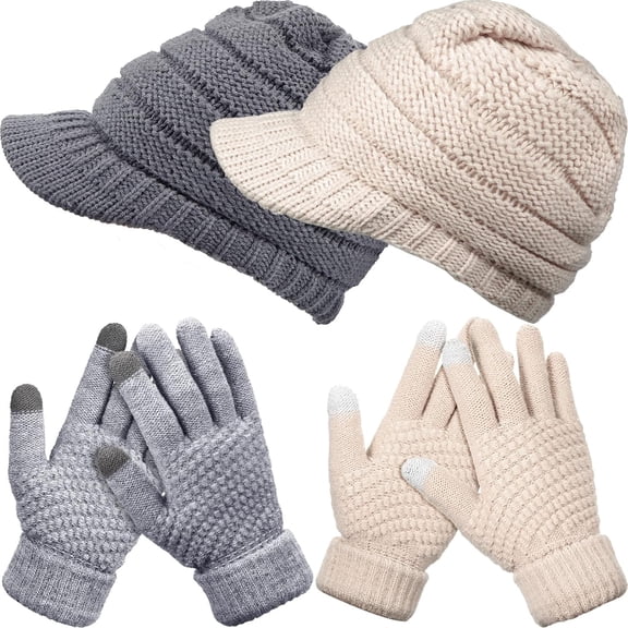 2 Sets Winter Hats Gloves for Women Knit Beanie Slouchy Cap Women Winter Brim Hat & Women Touchscreen Gloves