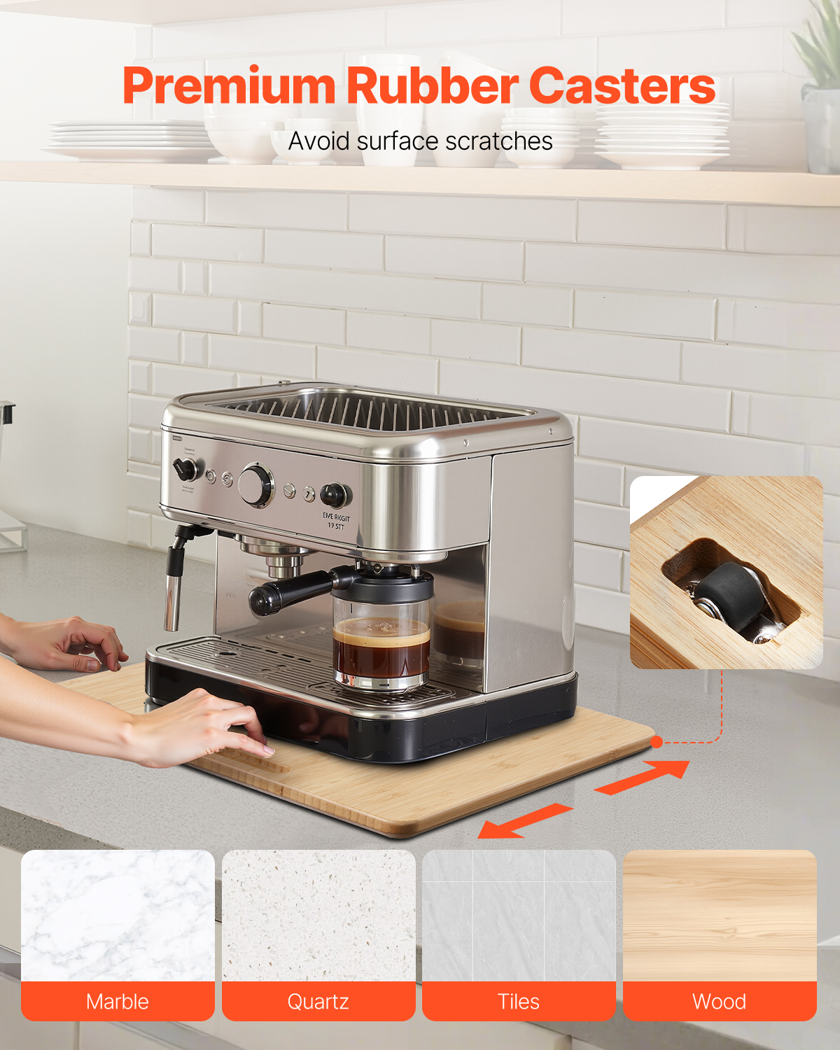 VEVOR Appliance Slider, Medium 13 x 16-inch, Rolling Sliding Tray with Rubber Wheels & Hollow Handle, Easy to Clean, Appliance Rolling Tray for Coffee Maker, Kitchen Countertop, Natural Wood