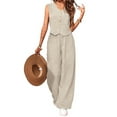 thumbnail image 3 of Women'S 2 Piece Outfits Linen Vest Waistcoat Dressy Casual Sets Wide Leg Pants Suits Cream White M, 3 of 7