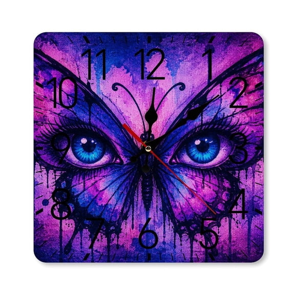 RKSupls 10×10inch Square Silent Wall Clock Wooden Frame, Neon Butterflywith Eyes Scale Decorative Clock for Home Bedroom Living Room Office