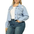 thumbnail image 5 of Agnes Orinda Women's Plus Size Denim Jackets Washed Button Front Long Sleeve Ripped Frayed Crop Denim Jacket 2X Light Blue, 5 of 8