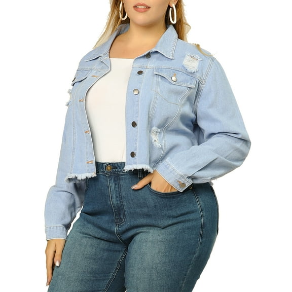 Unique Bargains Women's Plus Washed Cropped Frayed Denim Outerwear Jacket 3X Light Blue
