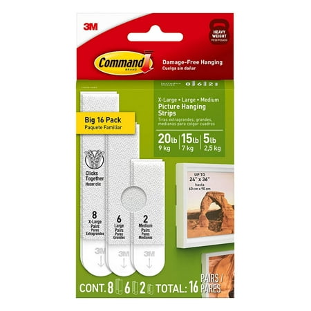 

Command Picture Hanging Strips Variety Pack Damage Free Hanging Picture Hangers No Tools Wall for Living Spaces White 2 Medium Pairs 6 Pairs and 8 Extra Large Pairs