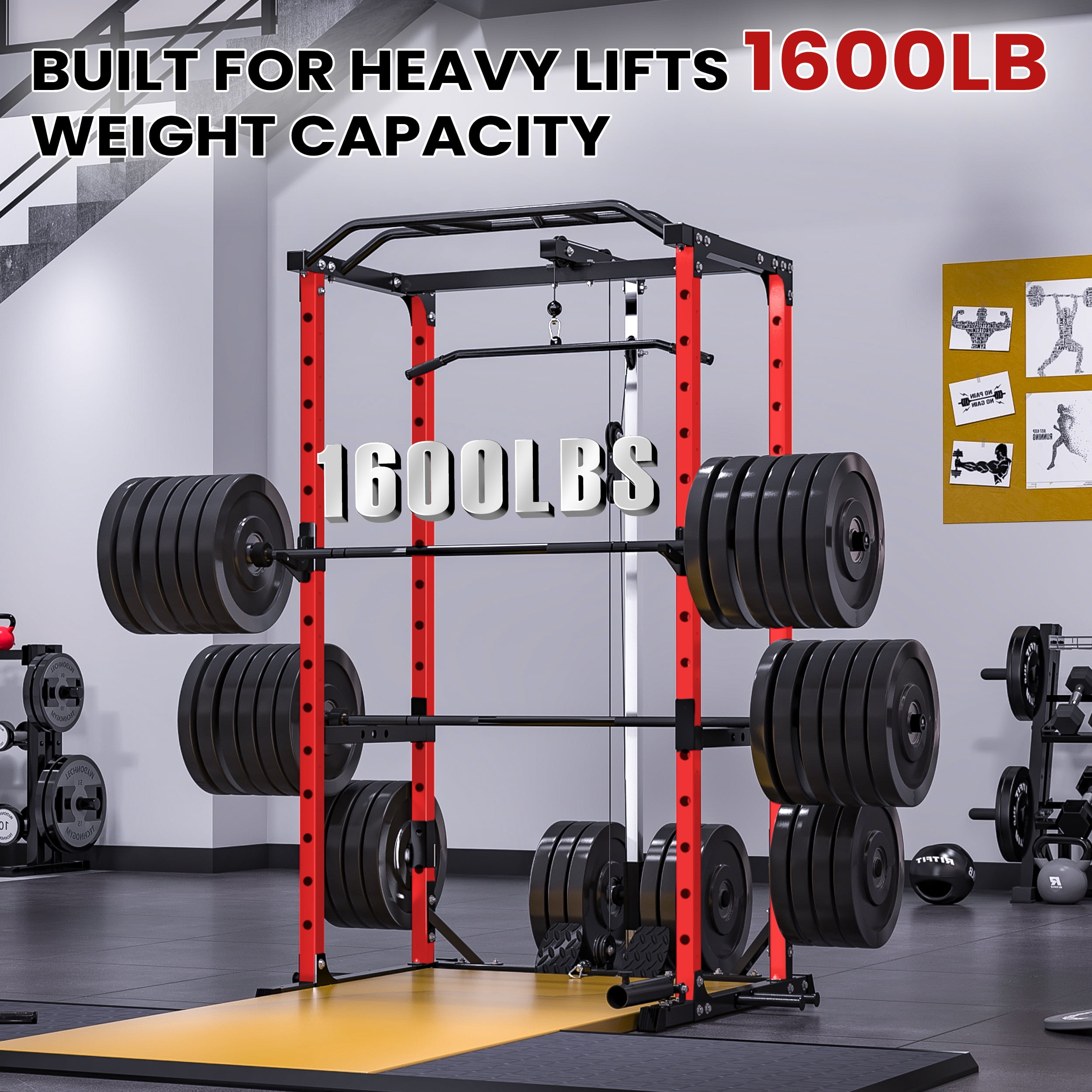 Power Rack, Pro-Grade Power Cage Home Gym with 1600lb Capacity, 30mm Multi-Grip Pull-Up Bar, LAT Pulldown & Landmine, Gray – Compact Design for Garage/Apartment