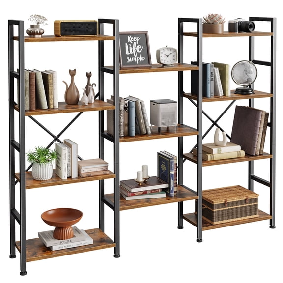 4 Tiers Industrial Bookcase and Bookshelf, Metal Wood 11 Display Shelves, Large Book Shelf for Living Room, Brown