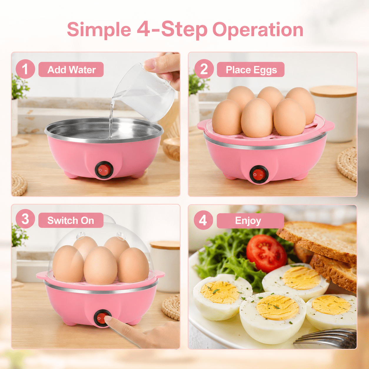 Rapid Egg Cooker Electric for Hard Boiled,Poached,Scrambled Eggs,Omelets,Steamed Vegetables,Seafood,Dumplings,7 capacity,with Auto Shut Off Feature,Pink