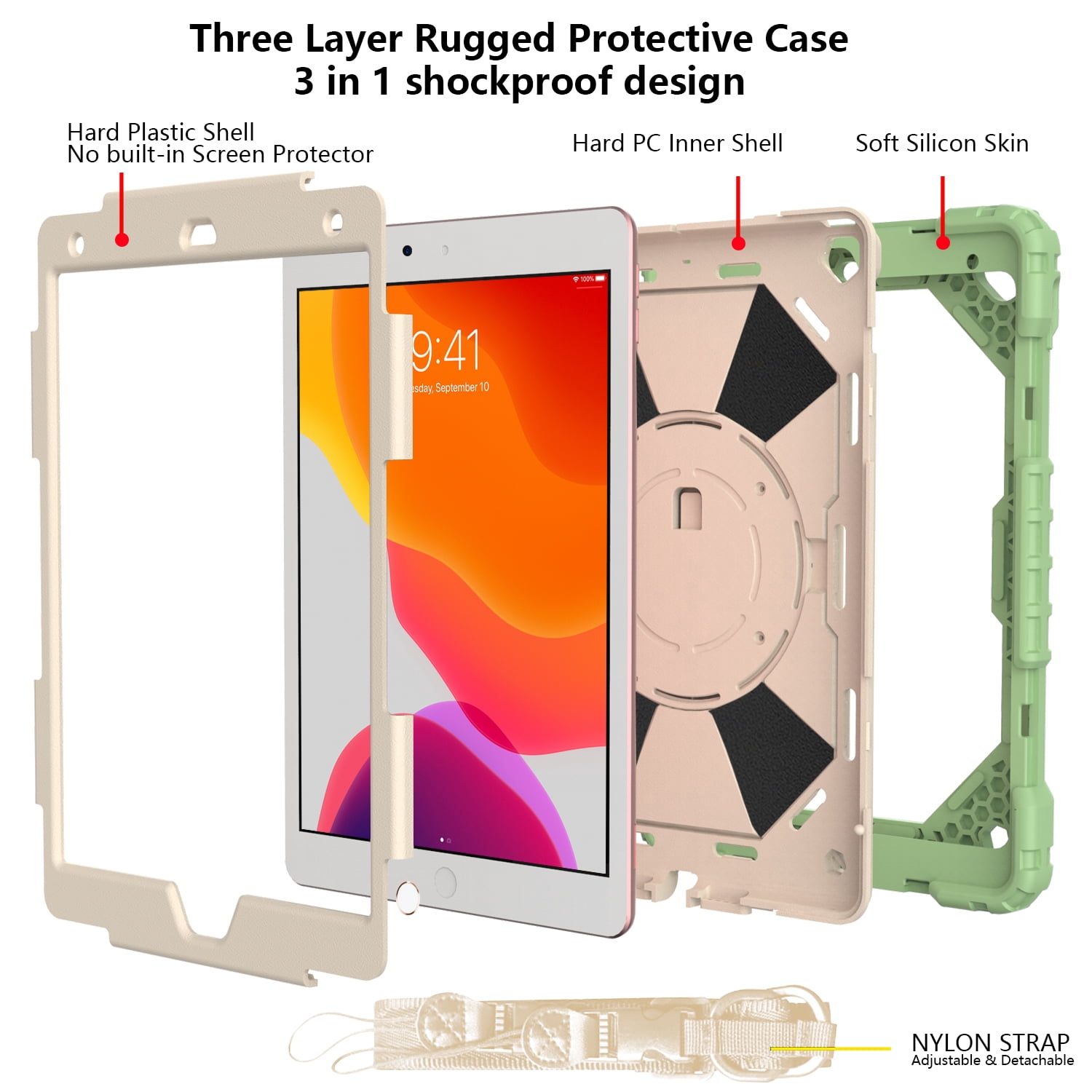 Case for iPad 9.7-inch 2018/2017, iPad Air 2 Case, iPad Pro 9.7 Cover, Kids Shockproof Rugged Hybrid 360 Rotating Stand Cover with Hand Shoulder Strap/Pencil Holder