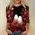 thumbnail image 2 of Women's Halloween Tops 3/4 Sleeve V Neck Pumpkin Printing T-Shirts Soft Casual Loose Fit Halloween Fall Tops Outfits 2025, 2 of 5