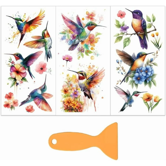 3pcs/Set Colorful Hummingbird Rub on Transfers for Furniture and Crafts 6x12 Inch Stickers Rub on Decals with 1pc Scraper for Wood Furnitures Home Decora colorful DIY