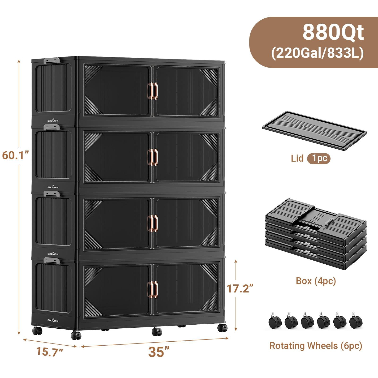 Broview V60 220Gal Extra Large Stackable Storage Bins with Lid, 880QT Plastic Containers With Drawers, Folding Closets with 6x Wheels, Collapsible Cabinets Organizers for Home Office, 4Pack Black