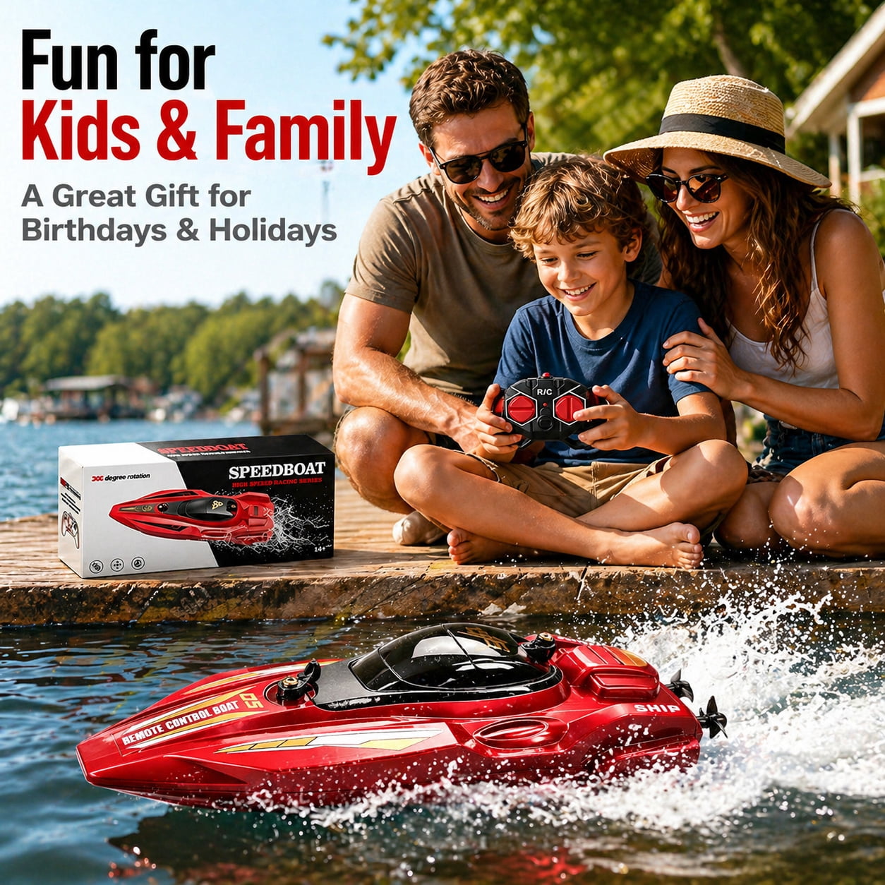 Funtogether High Speed Remote Control Boat for Pools and Lakes, 2.4GHz Waterproof RC Speedboat with Dual Motors, Blue