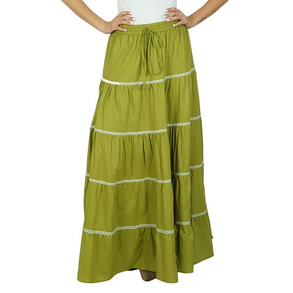 Bimba Womens Long Flaired Cotton Skirt Boho Maxi Bottoms Elastic Waist Clothing