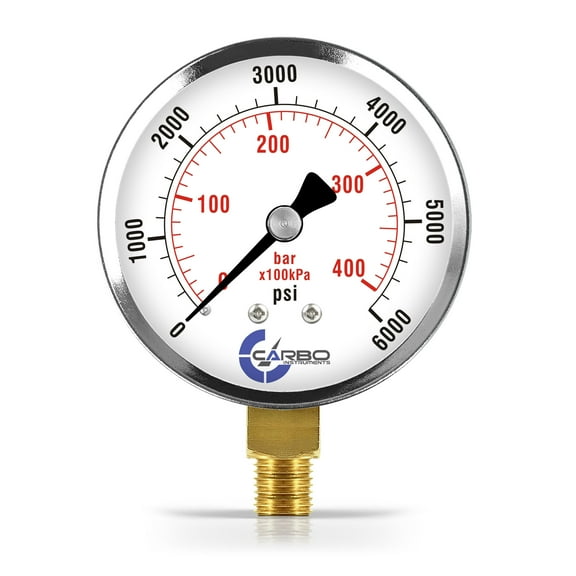 CARBO Instruments 2- 1/2" Pressure Gauge, Chrome Plated Steel Case, Dry, 0-6000 psi/kPa, Lower Mount 1/4" NPT